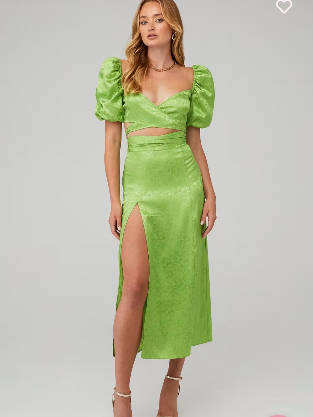 Ronny Kobo Collection Lime Satin Midi Skirt with High Side Slit